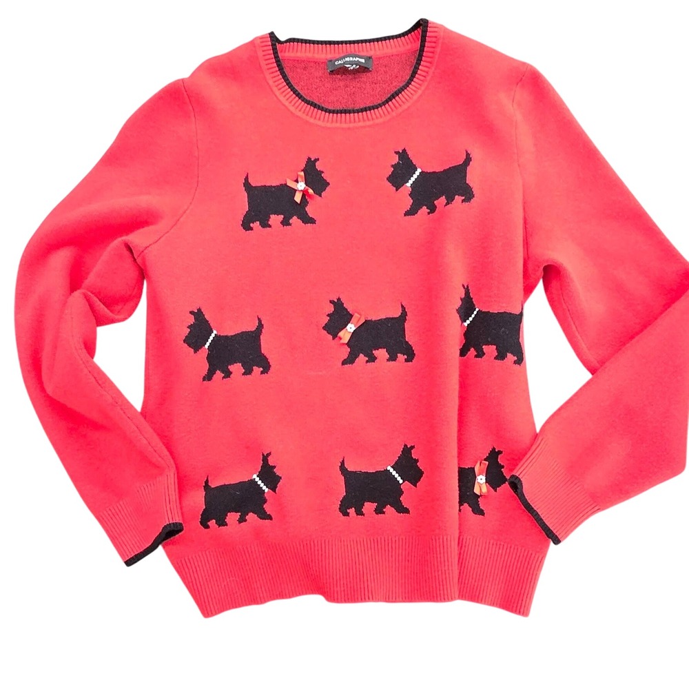Calligraphie Womens Red Scottie Dog Print Crew Neck Knit Sweater L see meas‎